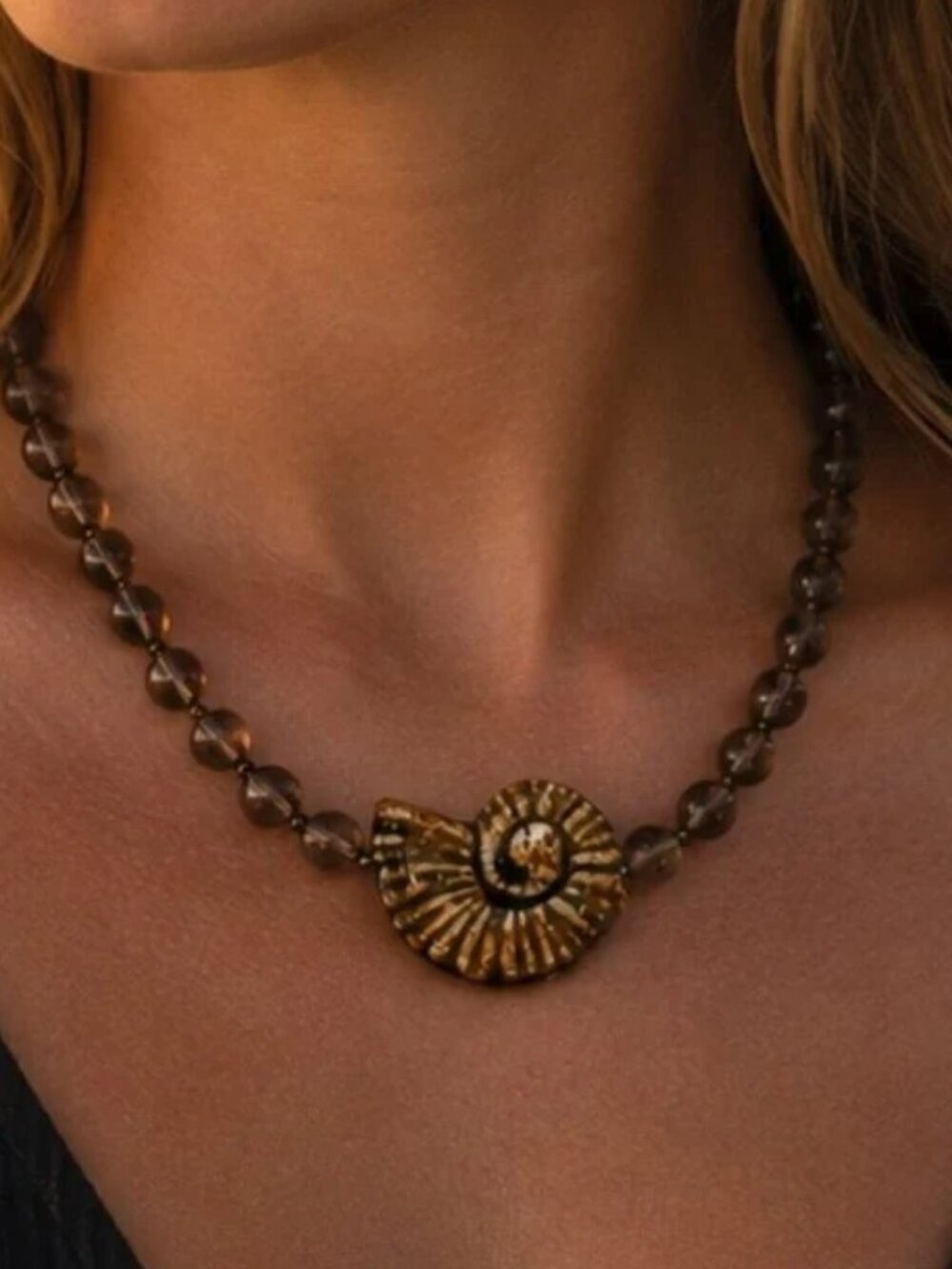 Gray Quartz Ammonite Seashell Pendant Necklace